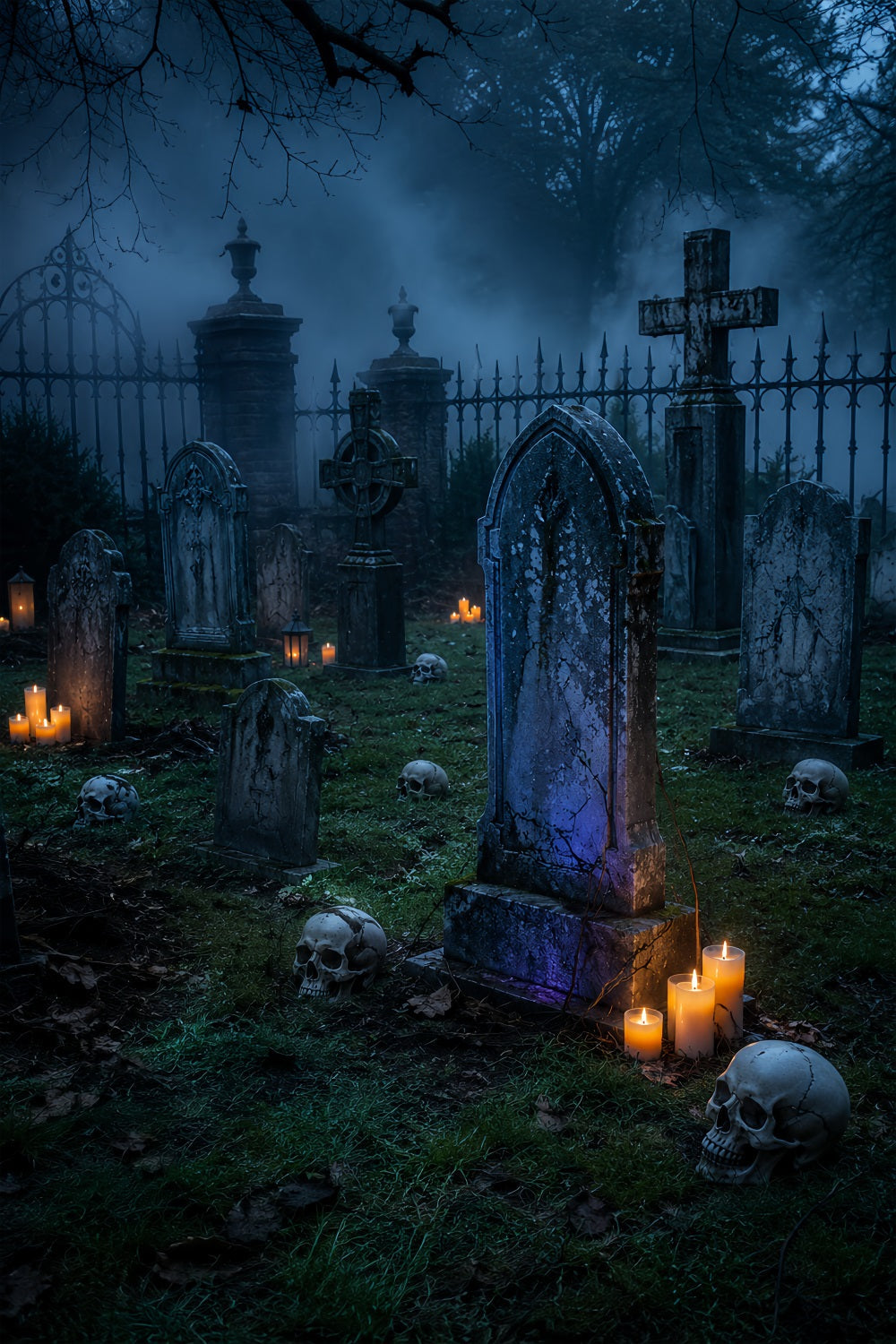 Décor De Fond En Tissu Pour HalloweenCimetière Brumeux Et Illuminé Aux Chandelles CrâneL LX67-202