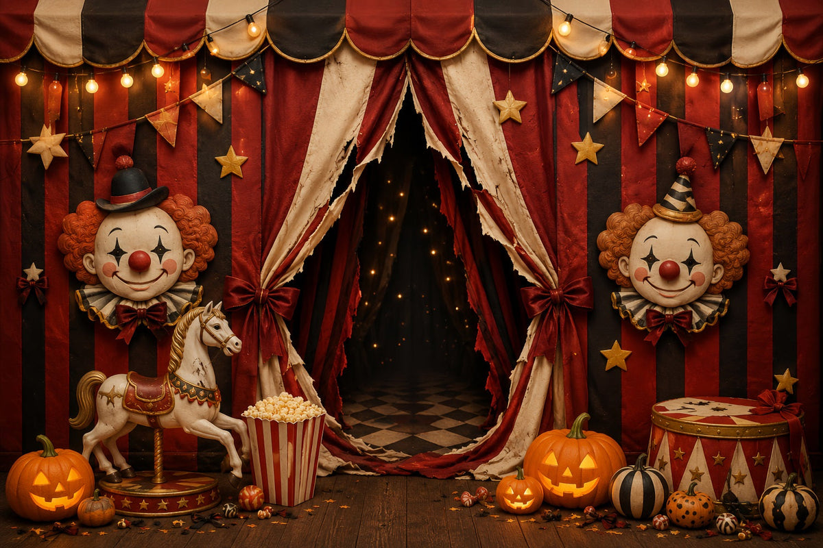 Décor De Clown D'Halloween Entrée De Cirque Vintage Toile De Fond En Tissu Pour Halloween LXX67-208