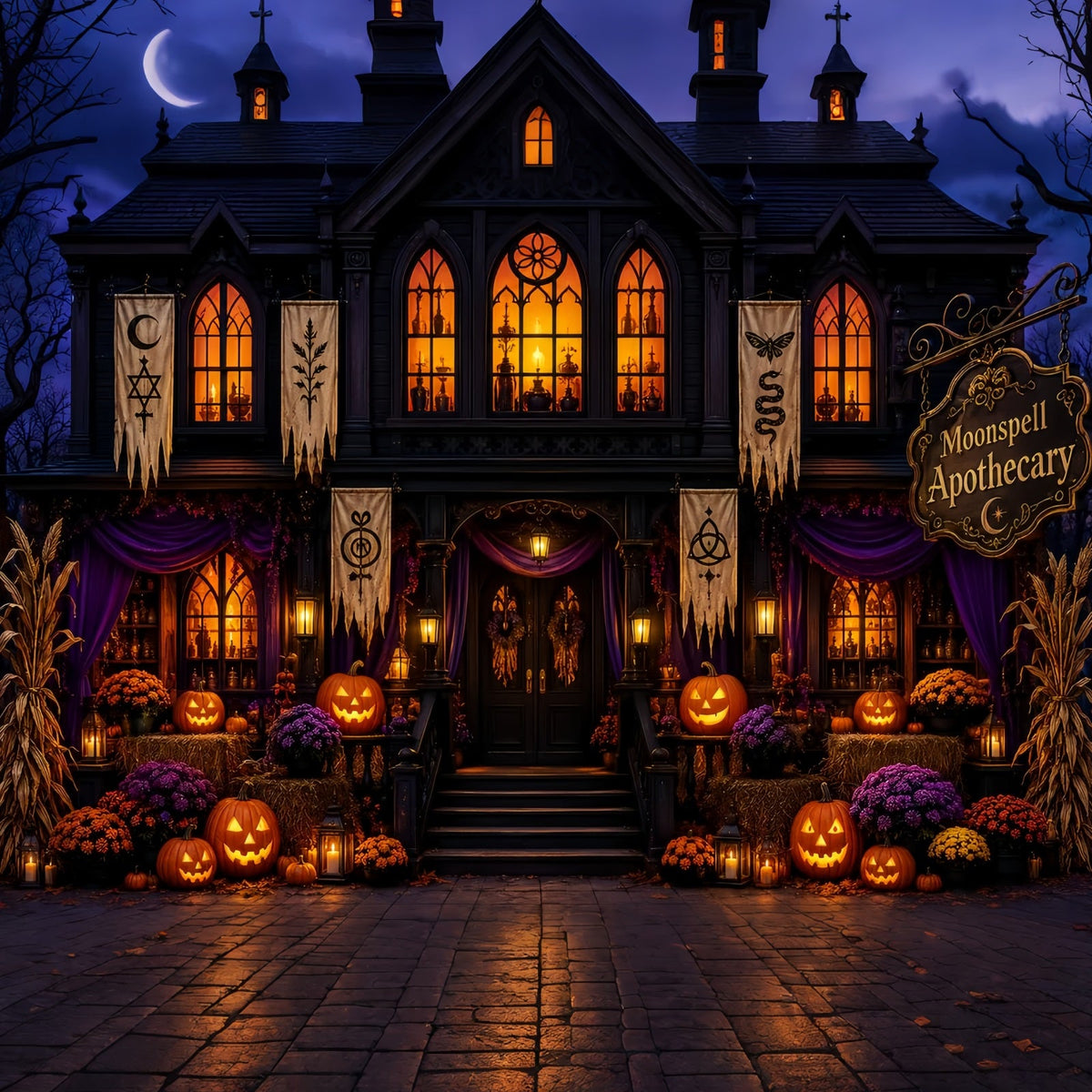 Décor De Fond D'Halloween Pour Photos açade D'Apothicaire Gothique Avec CitrouilleDécor De Fond LXX67-209