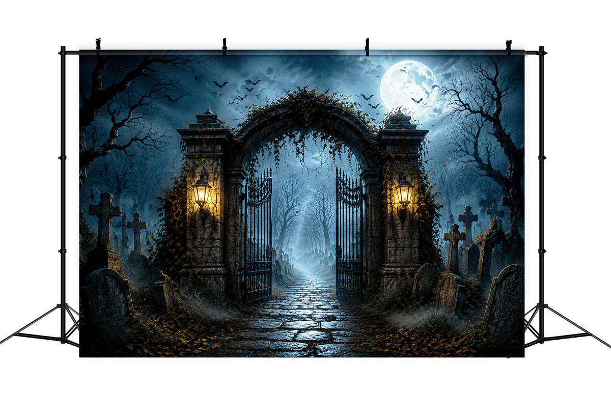 Décor De Photomaton Halloween Cimetière Au Clair De Lune Porte En Fer Fond Photo Pour Fête D'Halloween LXX67-21