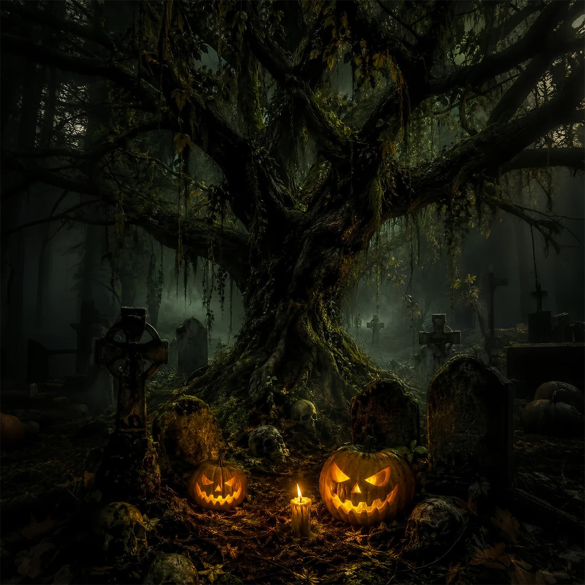 Décor De Cimetière Avec Crâne Moussu Et CitrouilleIdéal Pour Les Photos D'Halloween LXX67-215