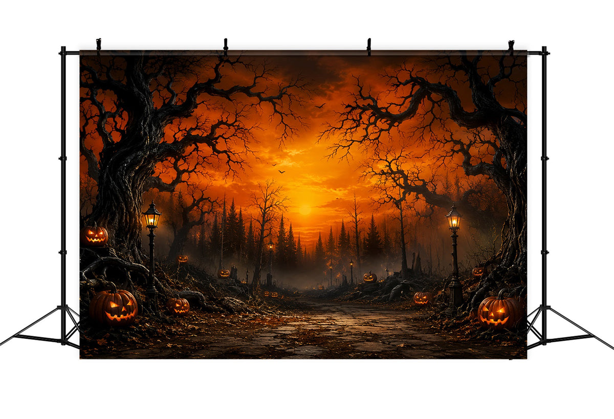 Décor De Forêt Hantée Au Coucher Du Soleil Chemin Forestier Avec Citrouilles Décor Effrayant LXX67-217