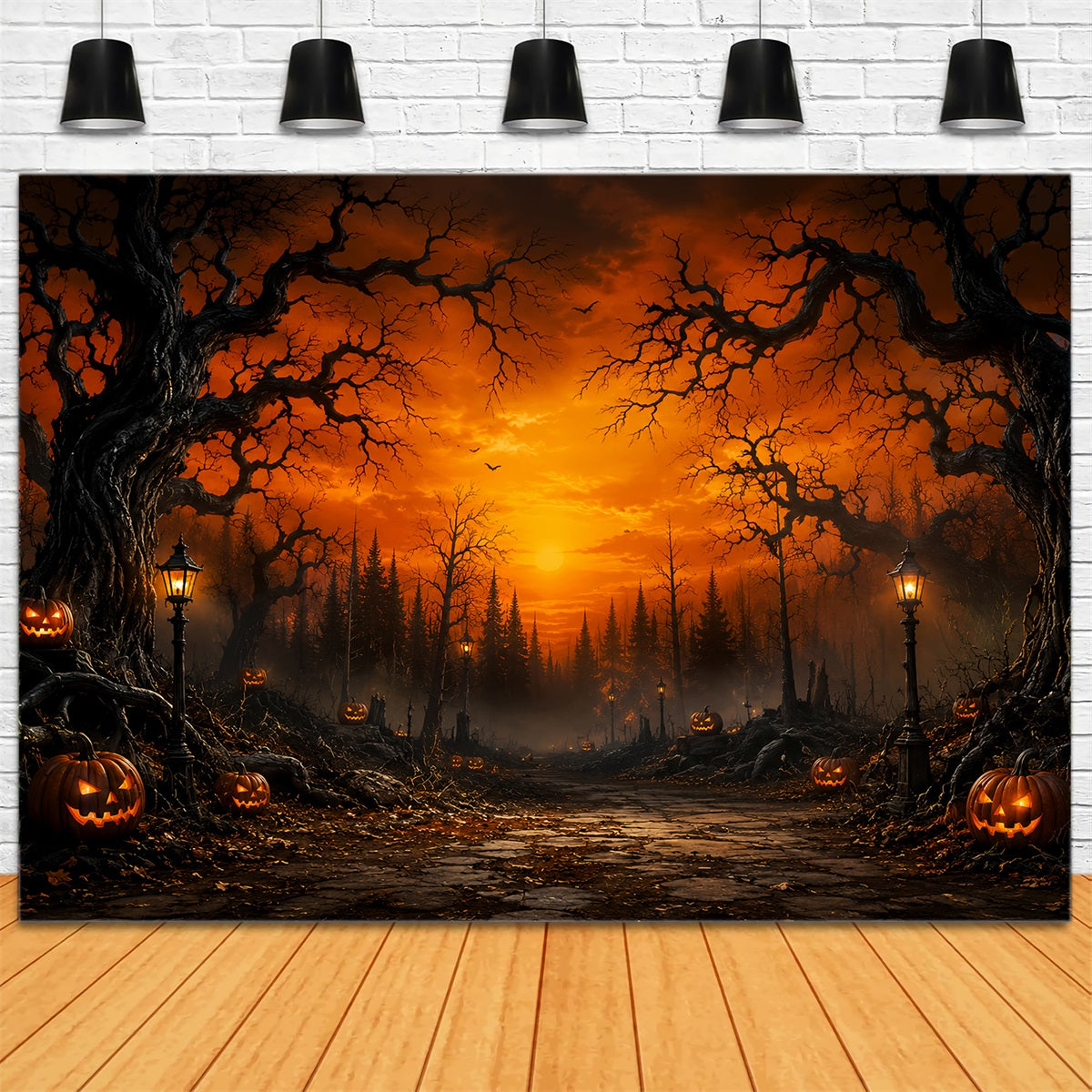 Décor De Forêt Hantée Au Coucher Du Soleil Chemin Forestier Avec Citrouilles Décor Effrayant LXX67-217