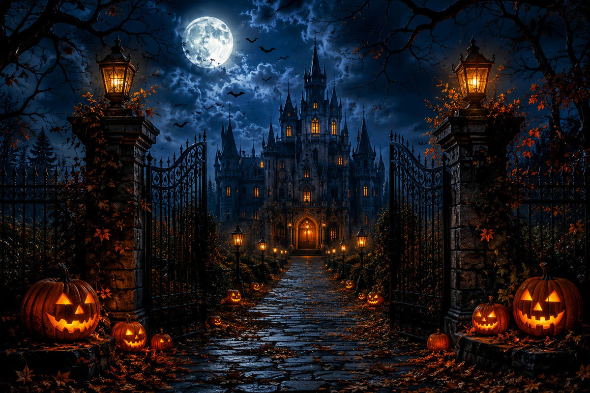 Décor Mural D'Halloween Forêt Hantée Porte De Château Gothique Au Clair De Lune LXX67-218