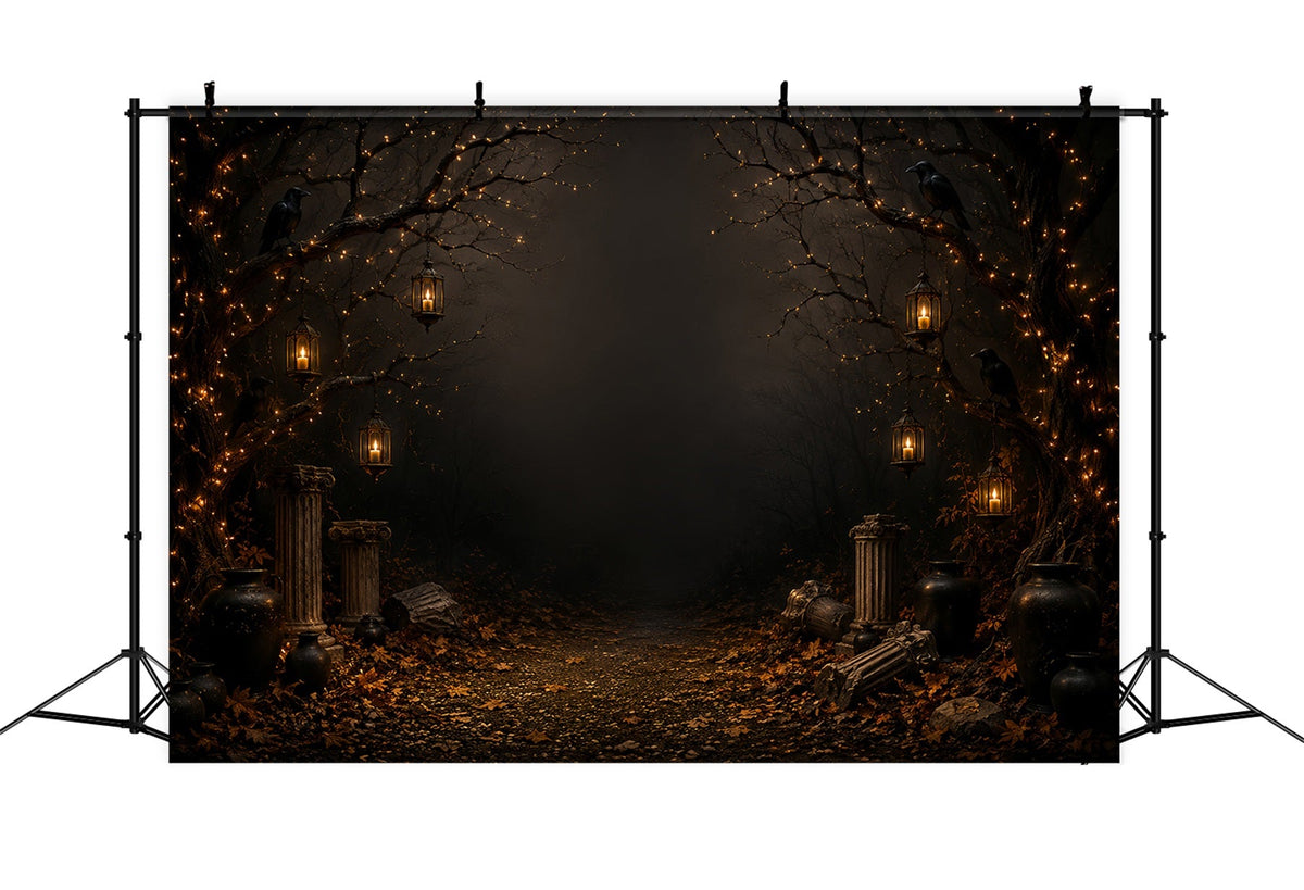 Fond Photo Gothique Fantôme Chemin Forestier Illuminé Aux Chandelles Avec Corbeau LXX67-221