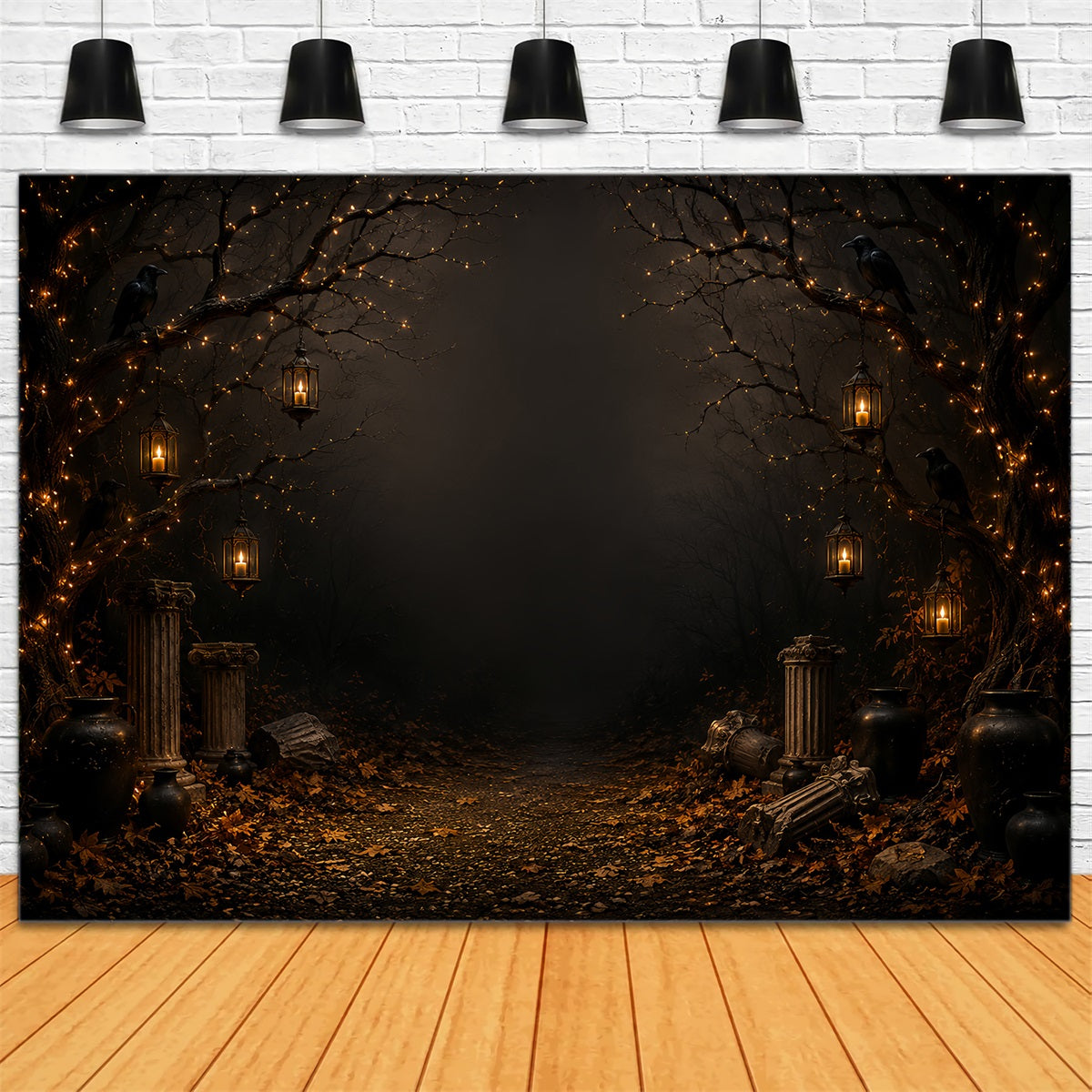 Fond Photo Gothique Fantôme Chemin Forestier Illuminé Aux Chandelles Avec Corbeau LXX67-221