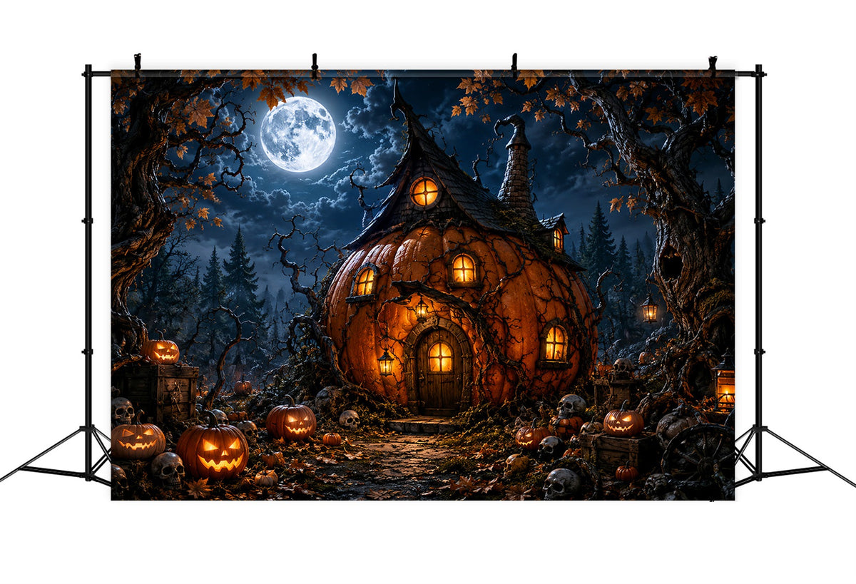 Décor De Forêt Magique Au Clair De Lune Citrouille Maison De Sorcière Toiles De Fond Pour D'Halloween LXX67-222