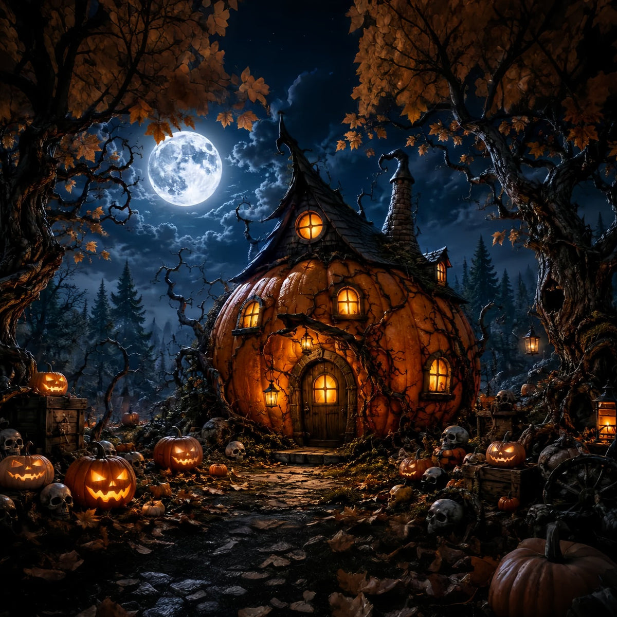 Décor De Forêt Magique Au Clair De Lune Citrouille Maison De Sorcière Toiles De Fond Pour D'Halloween LXX67-222