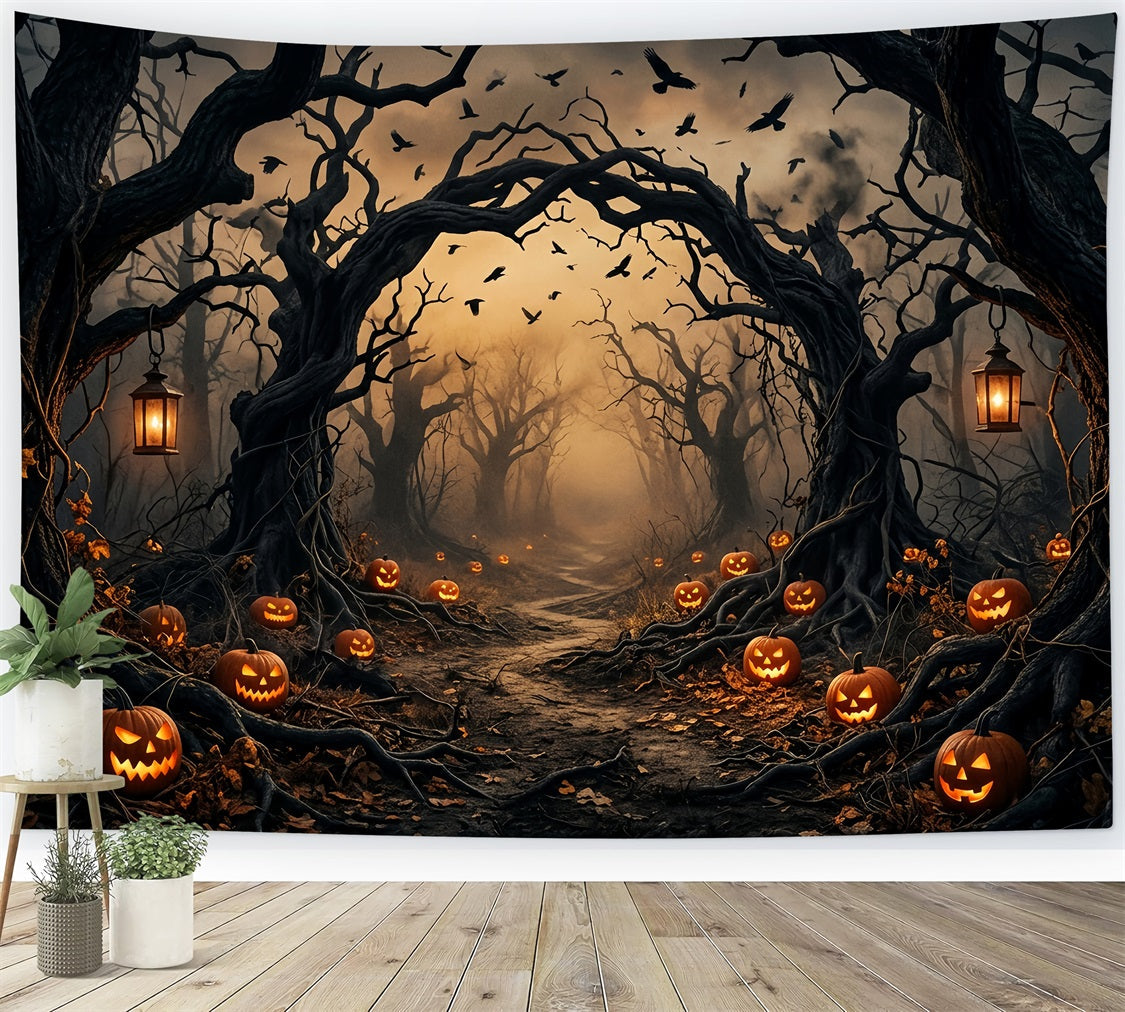 Décor De Forêt Inquiétante Avec Citrouilles Et Arbres Tordus Décoration D'Halloween Effrayante LXX67-224