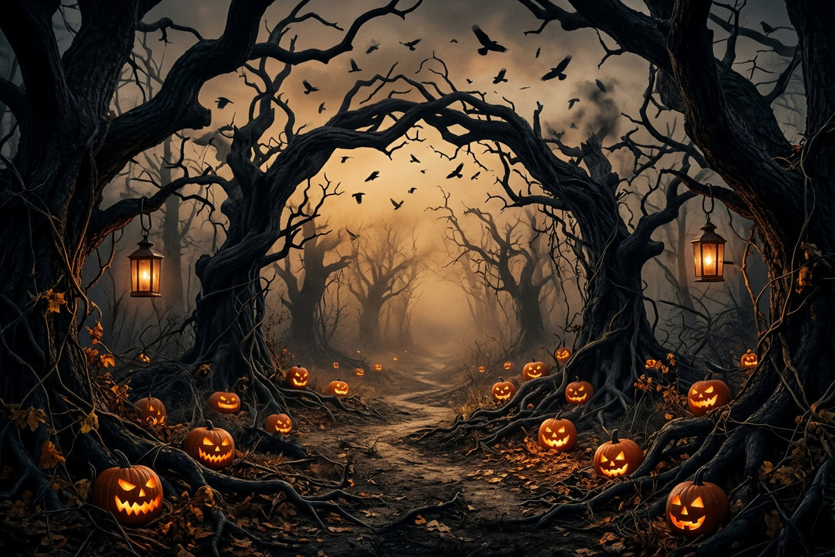Décor De Forêt Inquiétante Avec Citrouilles Et Arbres Tordus Décoration D'Halloween Effrayante LXX67-224
