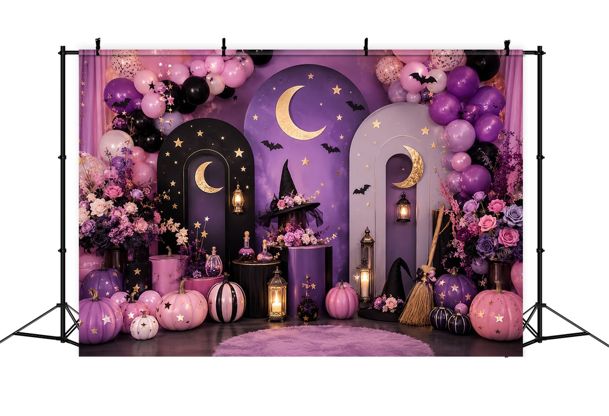 Décor Photo Champ De Citrouilles Célébration De La Lune Par Une Sorcière Céleste Décoration Pour Fête D'Halloween LXX67-226