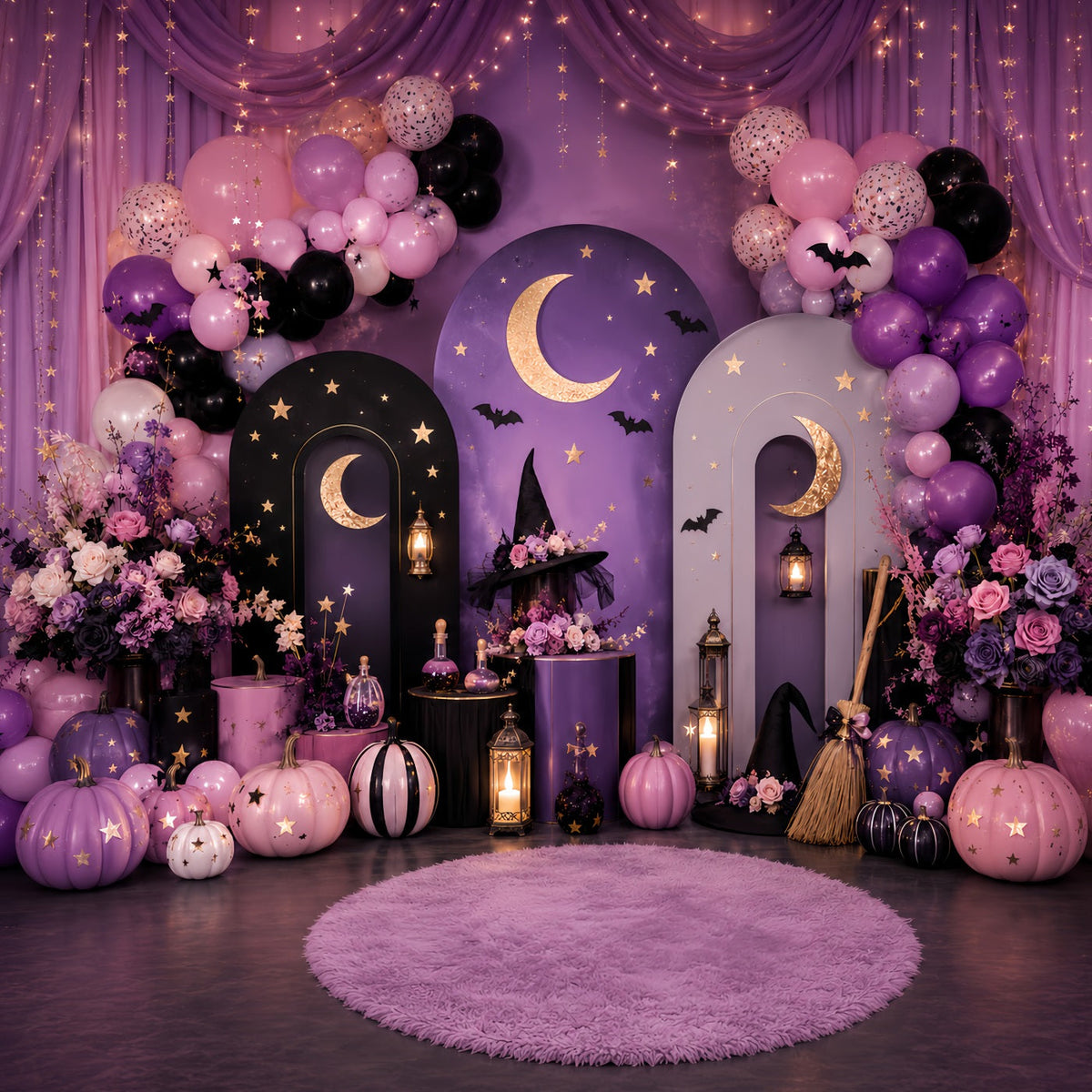 Décor Photo Champ De Citrouilles Célébration De La Lune Par Une Sorcière Céleste Décoration Pour Fête D'Halloween LXX67-226