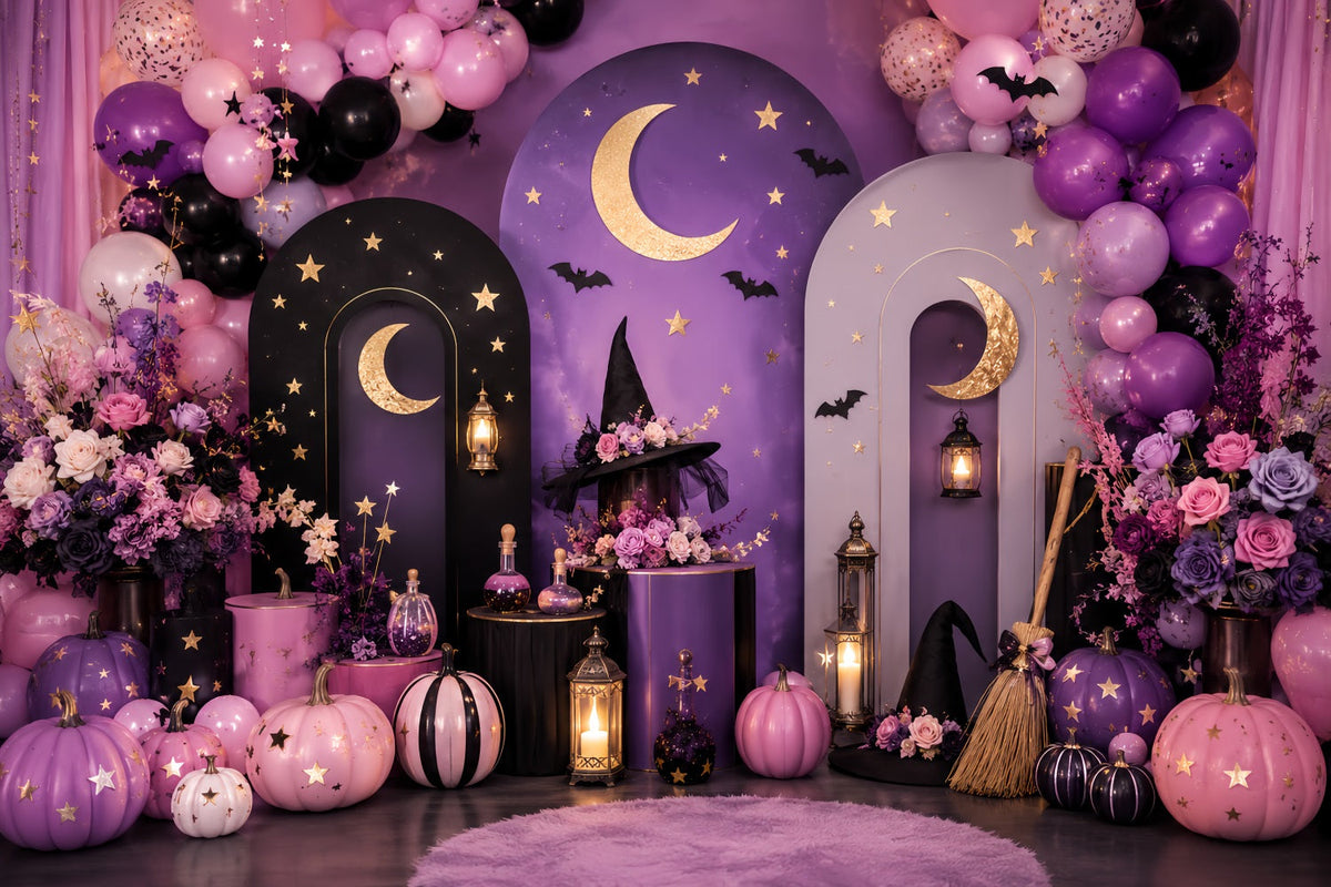 Décor Photo Champ De Citrouilles Célébration De La Lune Par Une Sorcière Céleste Décoration Pour Fête D'Halloween LXX67-226