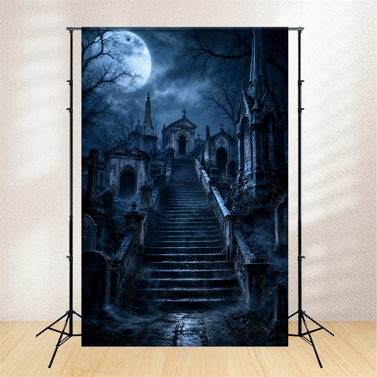 Décor De Cimetière D'Halloween Escalier De Mausolée Gothique Au Clair De Lune Décors Photographiques Gothiques LXX67-230