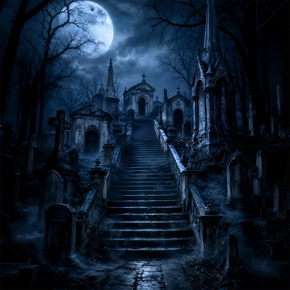 Décor De Cimetière D'Halloween Escalier De Mausolée Gothique Au Clair De Lune Décors Photographiques Gothiques LXX67-230