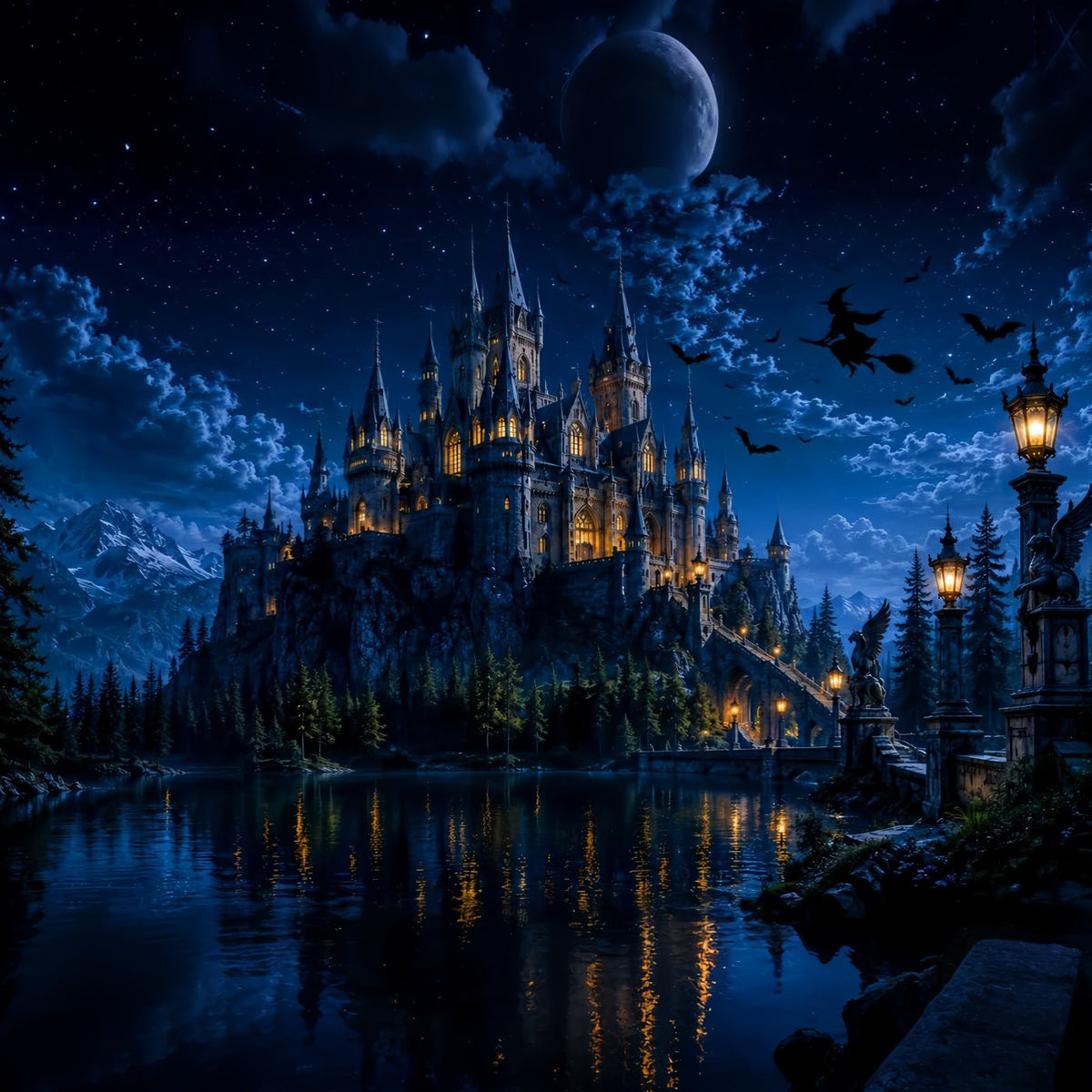 Décor De Château Hanté Maison De Sorcière Au Clair De Lune Lac Décor Photo D'Halloween LXX67-233