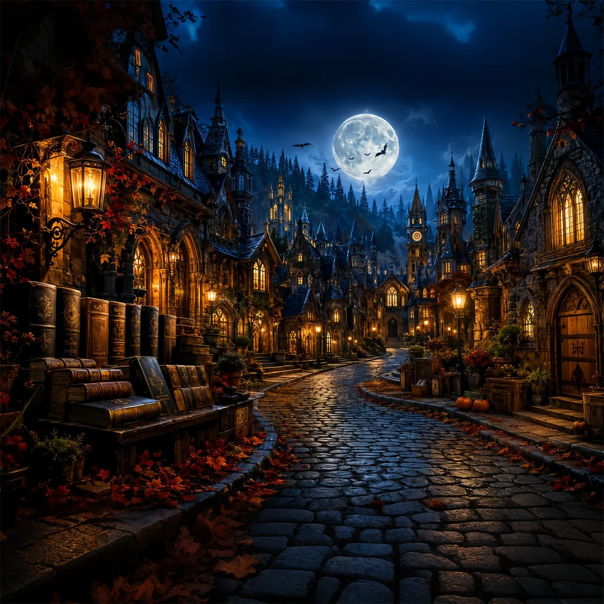 Décor D'Halloweentown Village De Librairies Gothiques Au Clair De LuneDécors Effrayants Pour Halloween LXX67-236