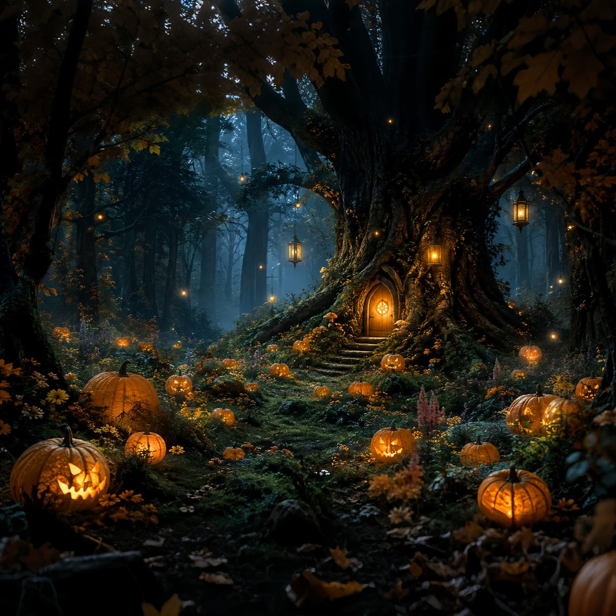 Fond De Photographie D'Halloween Forêt Effrayante Illuminée Par Des Lanternes Citrouille Arbre Chalet LXX67-239