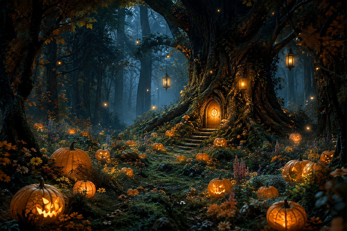 Fond De Photographie D'Halloween Forêt Effrayante Illuminée Par Des Lanternes Citrouille Arbre Chalet LXX67-239