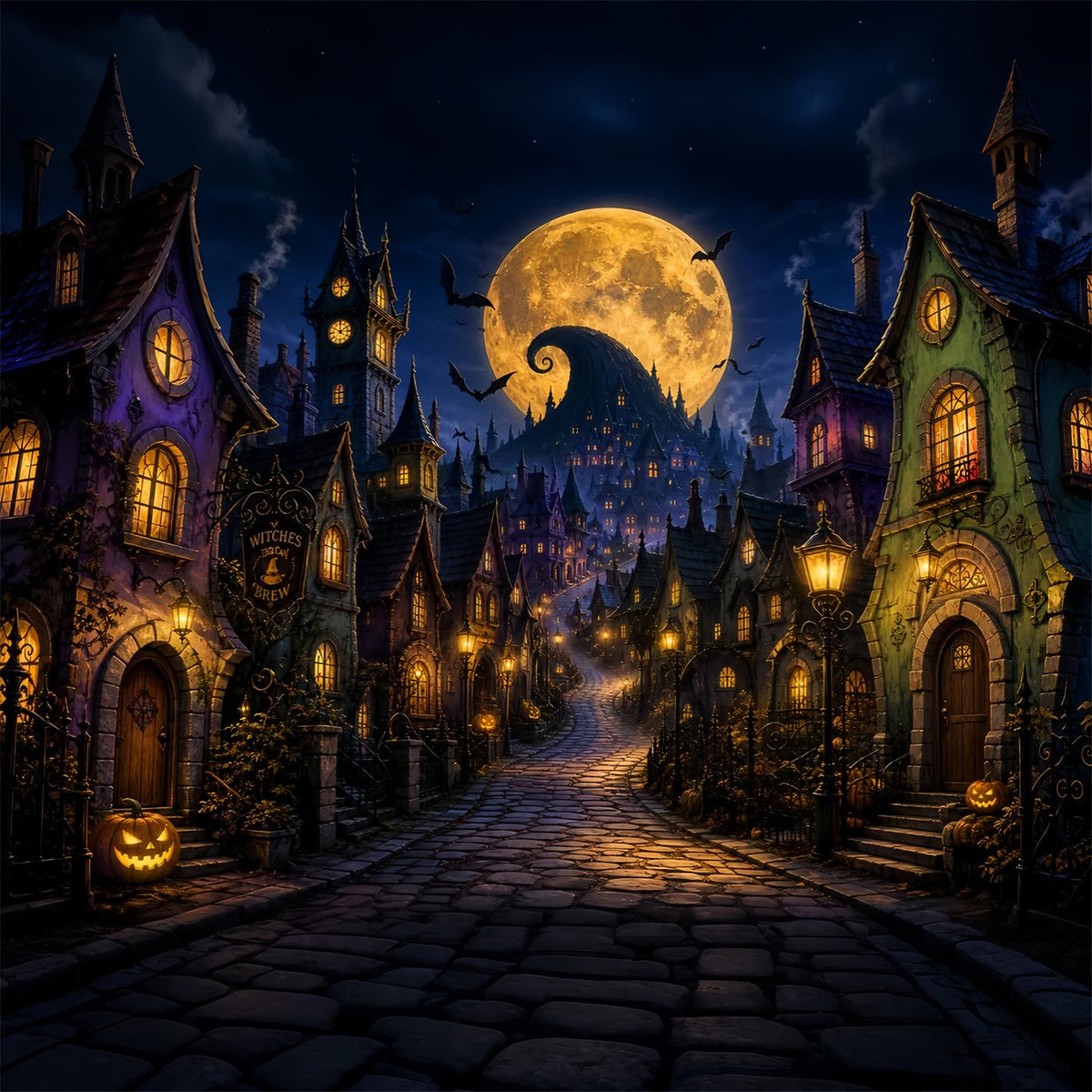 Décor Photo Halloween Town Village Des Sorcières Et Lune Dorée Halloween LXX67-243
