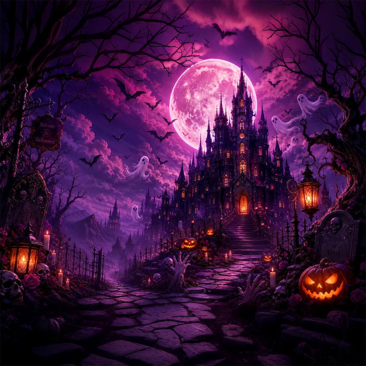 Décors D'Halloween Cimetière Lune Violette Château Fantôme Décor D'Halloween Rose LXX67-248