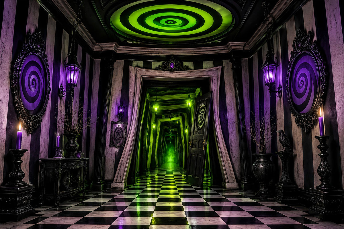 Décor De Maison Hantée Couloir À Damier En Spirale Néon Décors D'Halloween Effrayants LXX67-252