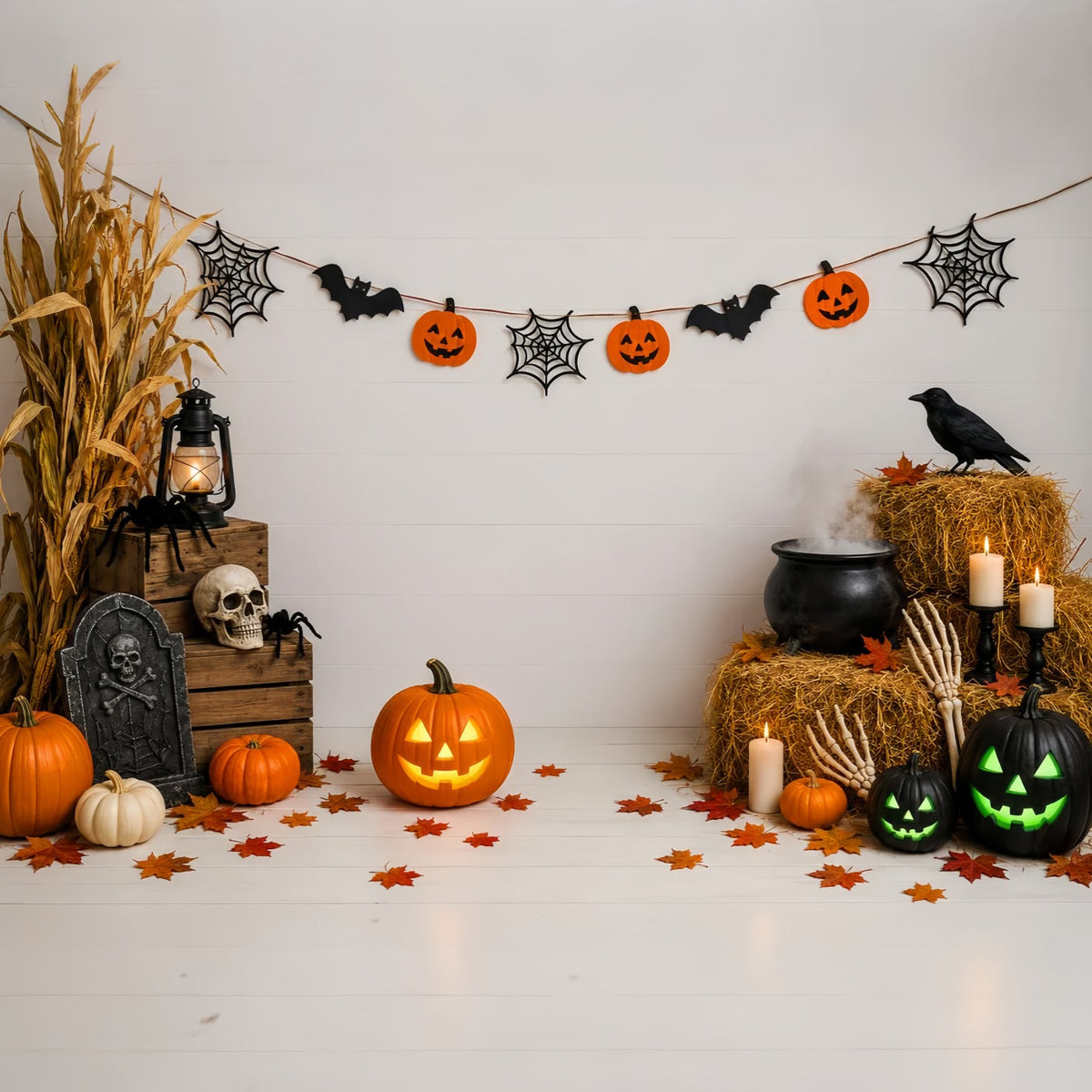 Décor De Cimetière Rustique Avec Chaudron De Citrouilles Décoration D'Halloween Ou D'Anniversaire LXX67-254