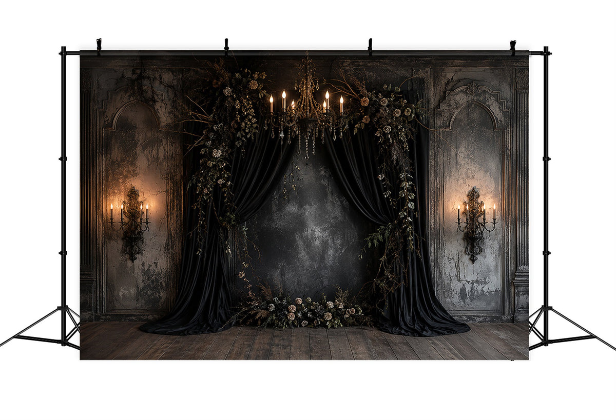 Fond De Mariage Gothique Avec Alcôve Florale Drapée Noire Et Citrouille LXX67-257