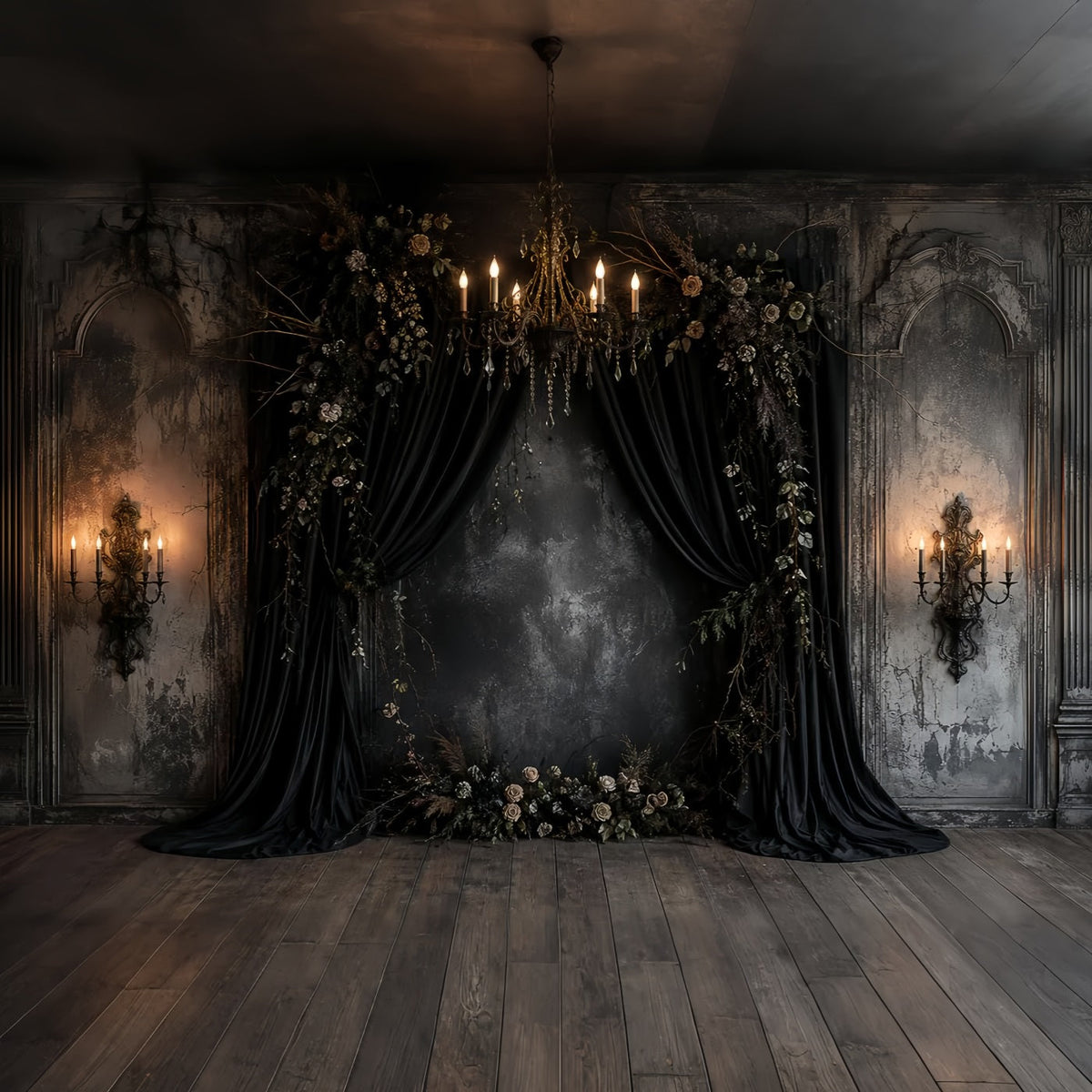 Fond De Mariage Gothique Avec Alcôve Florale Drapée Noire Et Citrouille LXX67-257