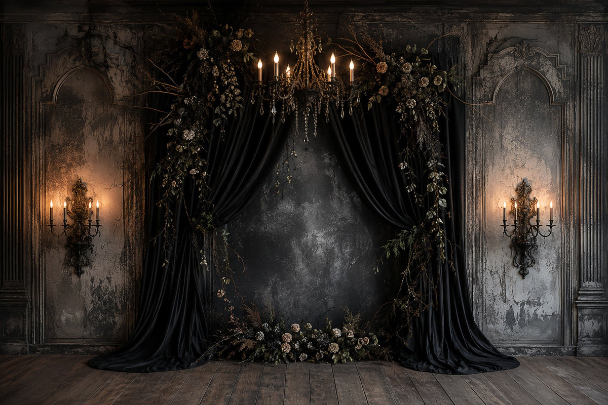 Fond De Mariage Gothique Avec Alcôve Florale Drapée Noire Et Citrouille LXX67-257