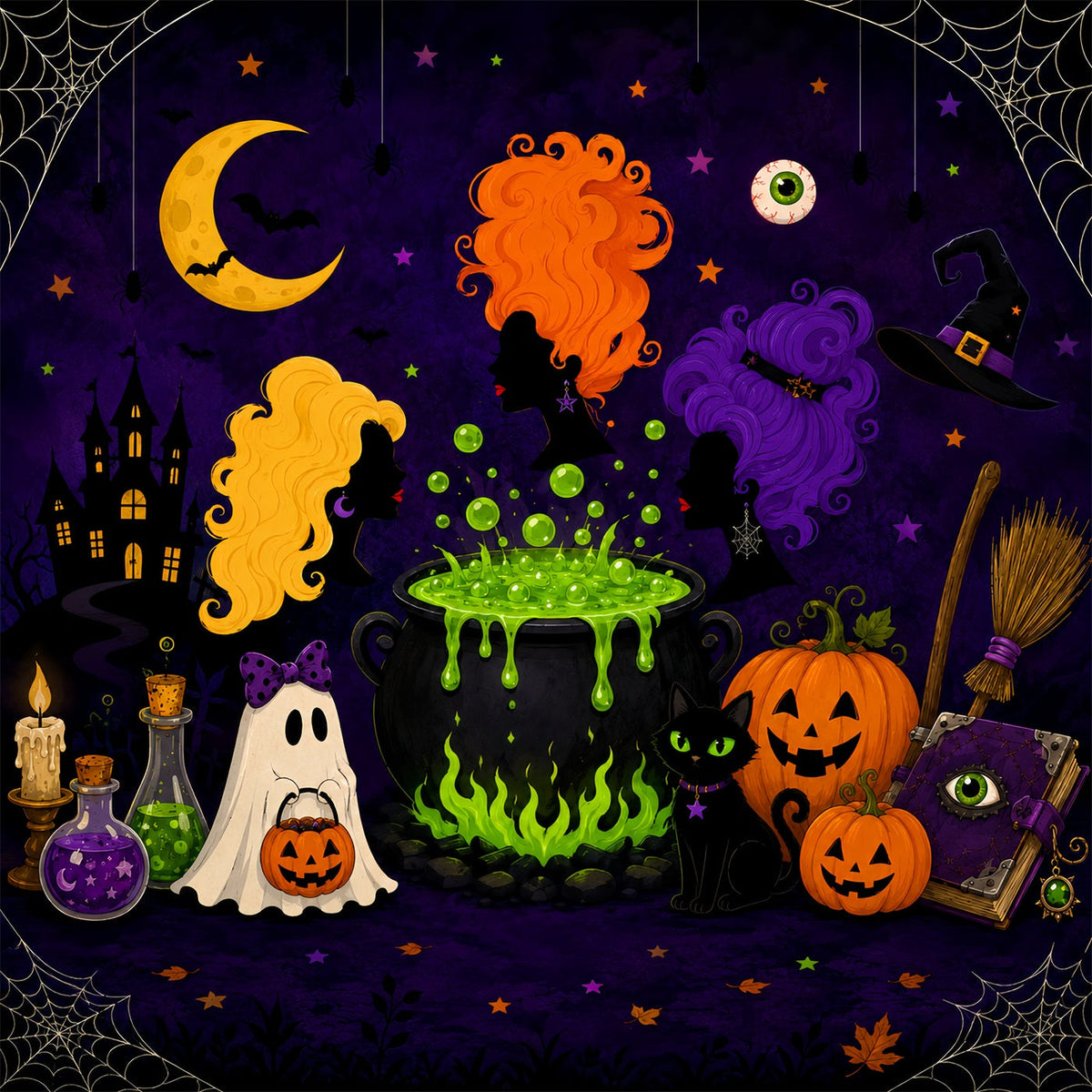 Décor De Lune D'Halloween Sorcière De Dessin Animé Chaudron Magique Décor LXX67-259