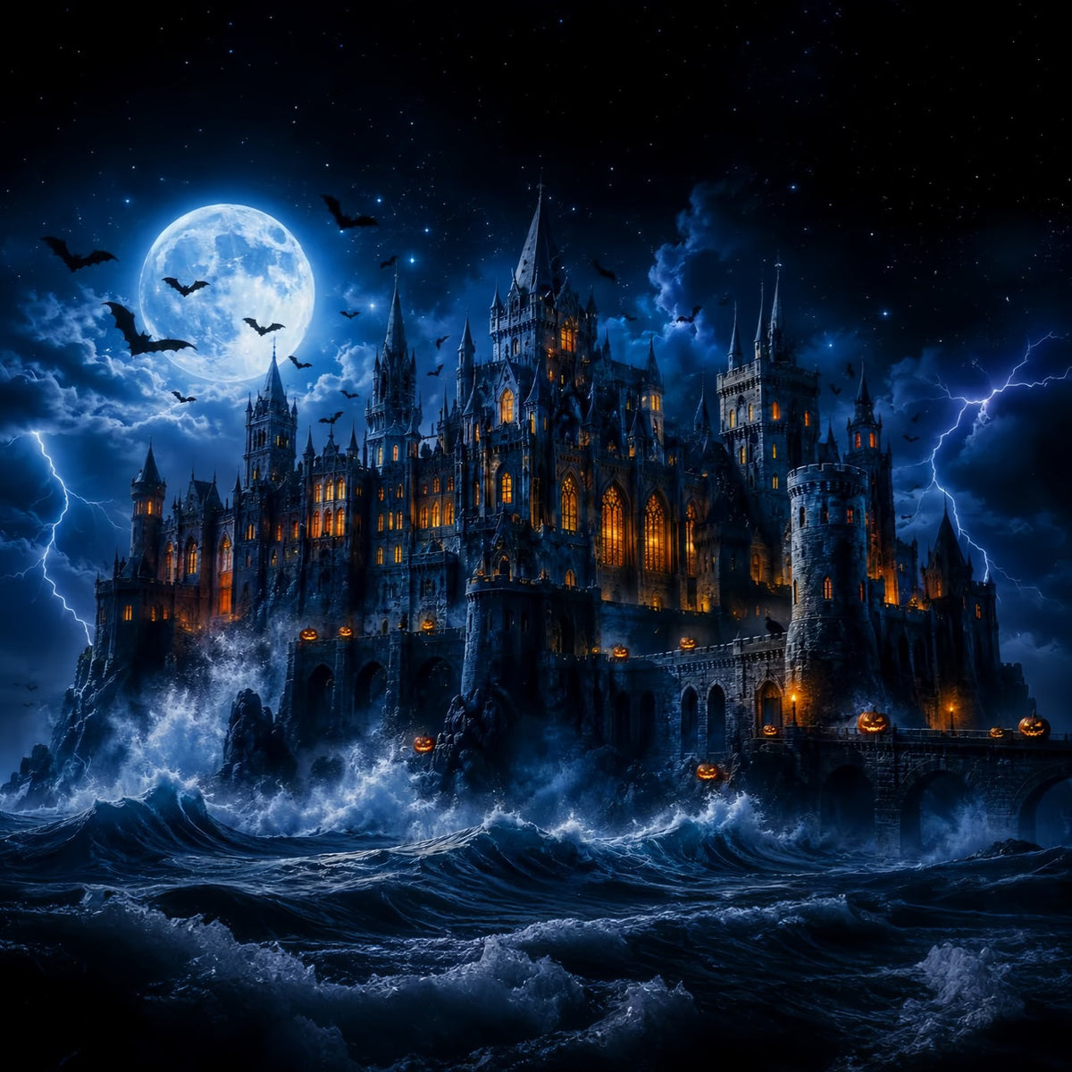 Décor De Château D'Halloween Océan Orageux Au Clair De Lune Décors Effrayants Pour Halloween LXX67-260
