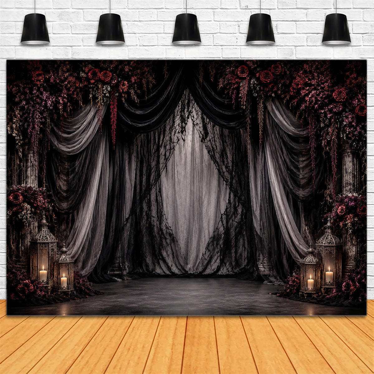 Décor De Mariage D'HalloweenDraperies GothiquesRoses PourpresFond Photo D'Halloween LXX67-3