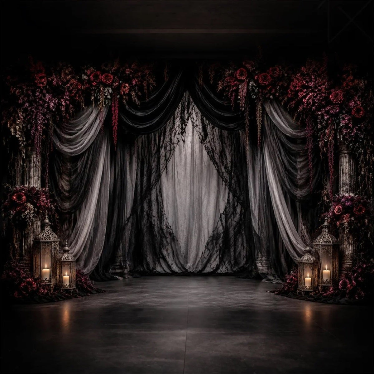 Décor De Mariage D'HalloweenDraperies GothiquesRoses PourpresFond Photo D'Halloween LXX67-3