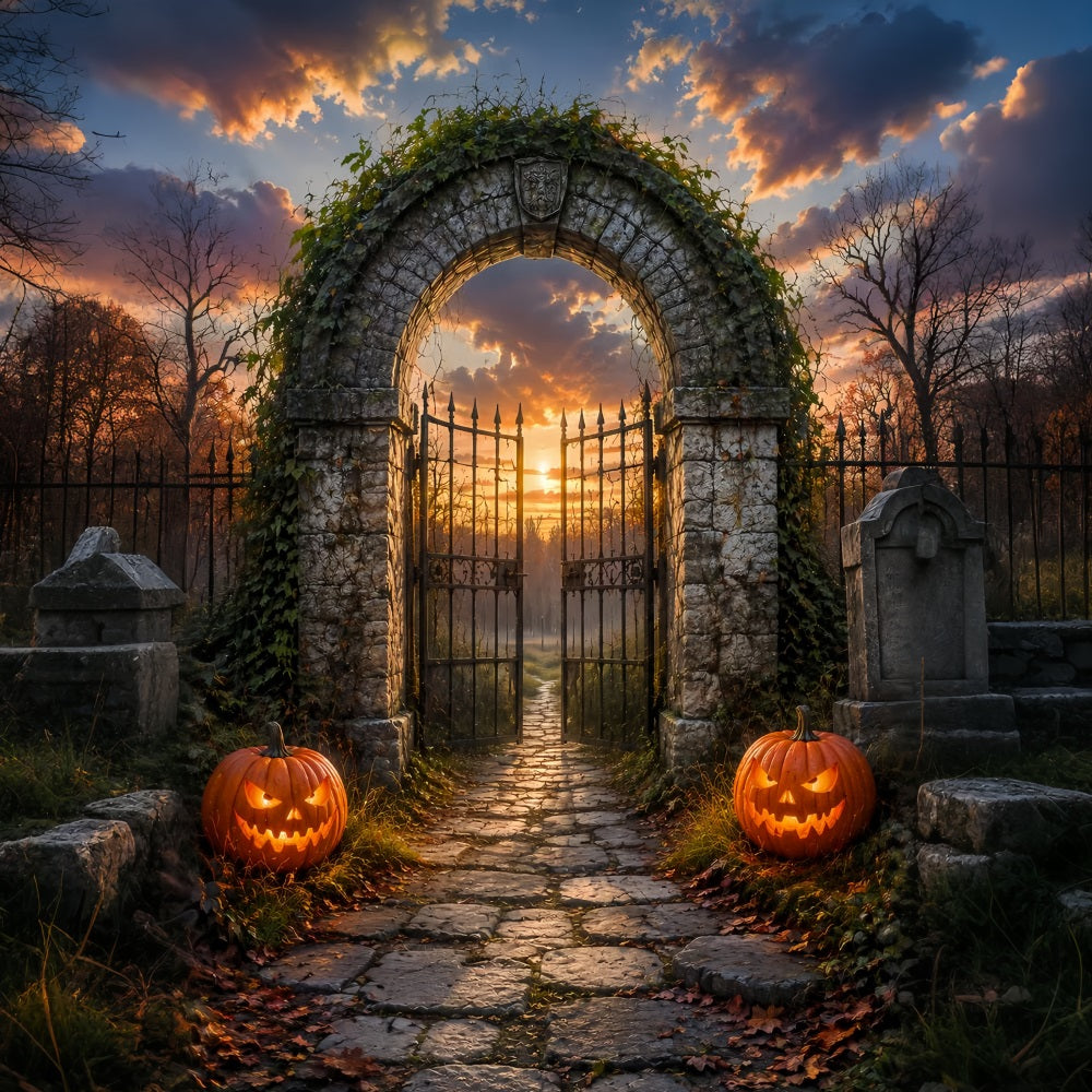 Arche De Cimetière Au Coucher Du Soleil Citrouil les Décor D'Halloween Grand Format LXX67-35