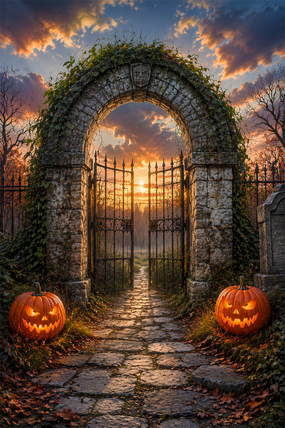 Arche De Cimetière Au Coucher Du Soleil Citrouil les Décor D'Halloween Grand Format LXX67-35