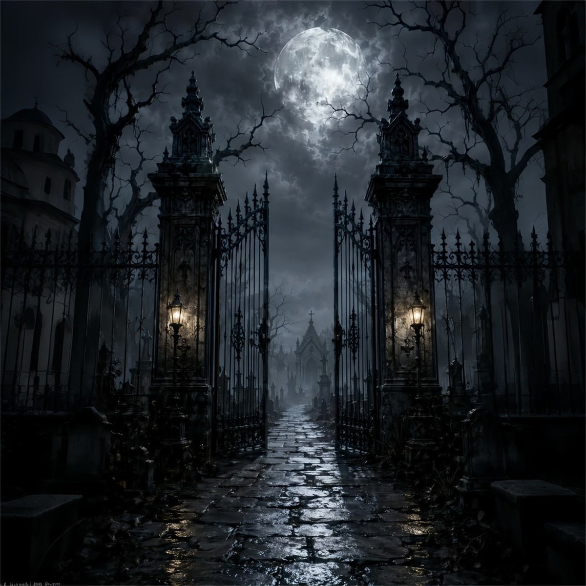 Décor De Fond En Tissu Pour Halloween Cimetière Au Clair De Lune Porte En Fer Forgé Décor LXX67-47