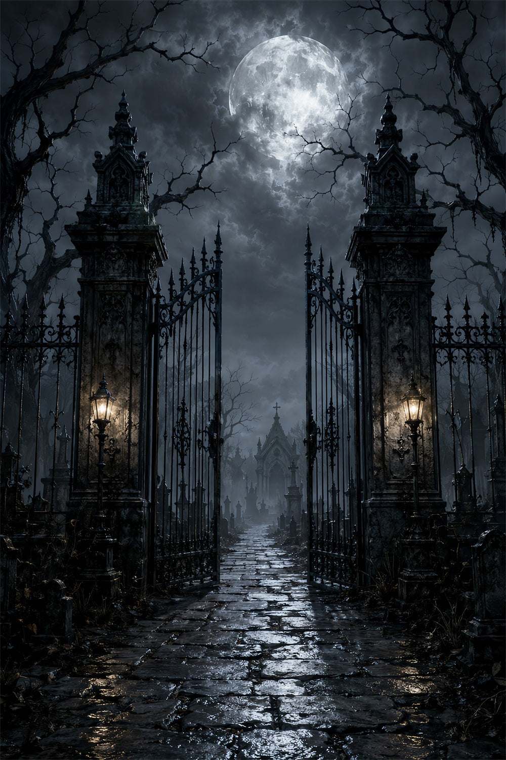 Décor De Fond En Tissu Pour Halloween Cimetière Au Clair De Lune Porte En Fer Forgé Décor LXX67-47