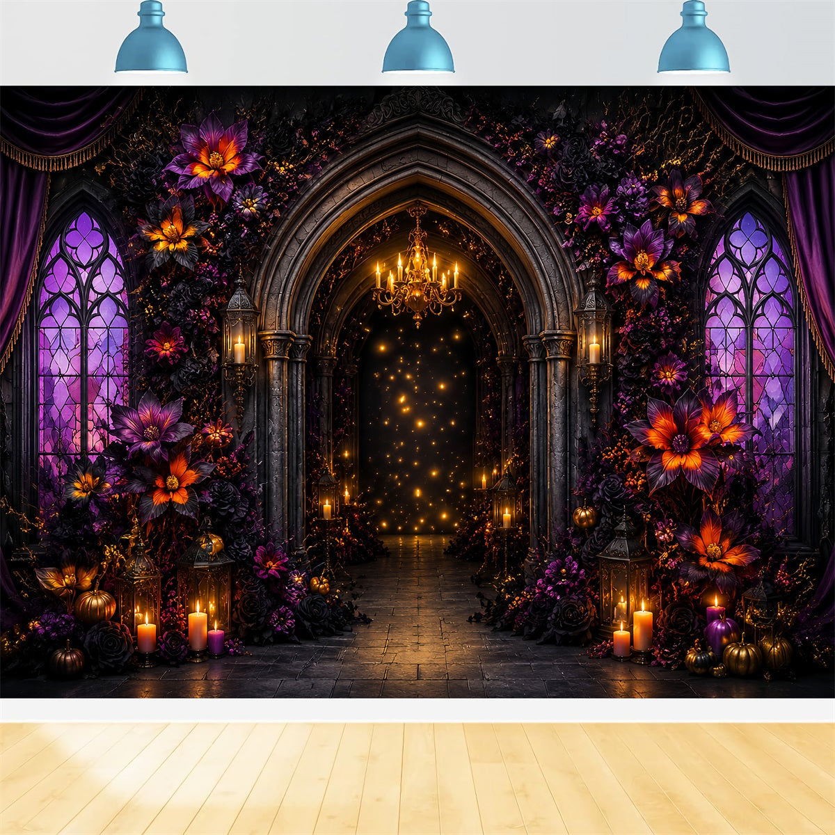 Décor De Scène D'Halloween Arche Gothique Florale Violette LXX67-51