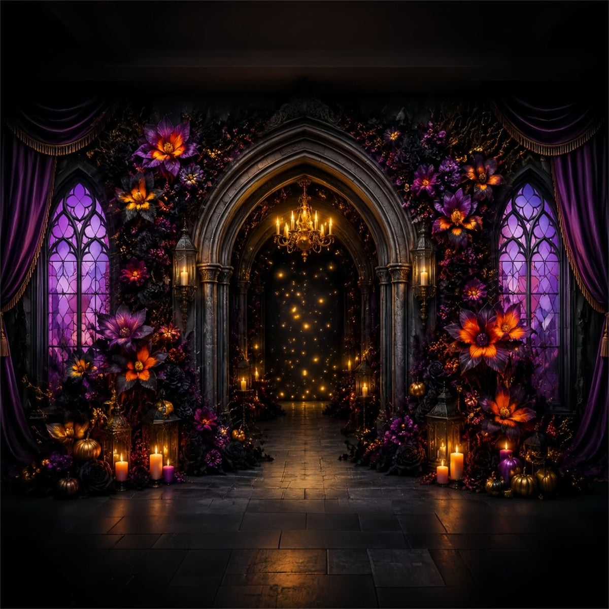 Décor De Scène D'Halloween Arche Gothique Florale Violette LXX67-51