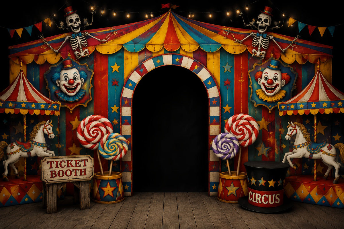 Décors Photo Effrayants Pour Halloween Squelette ClownEntrée De Cirque Décor Joyeux Halloween LXX67-52