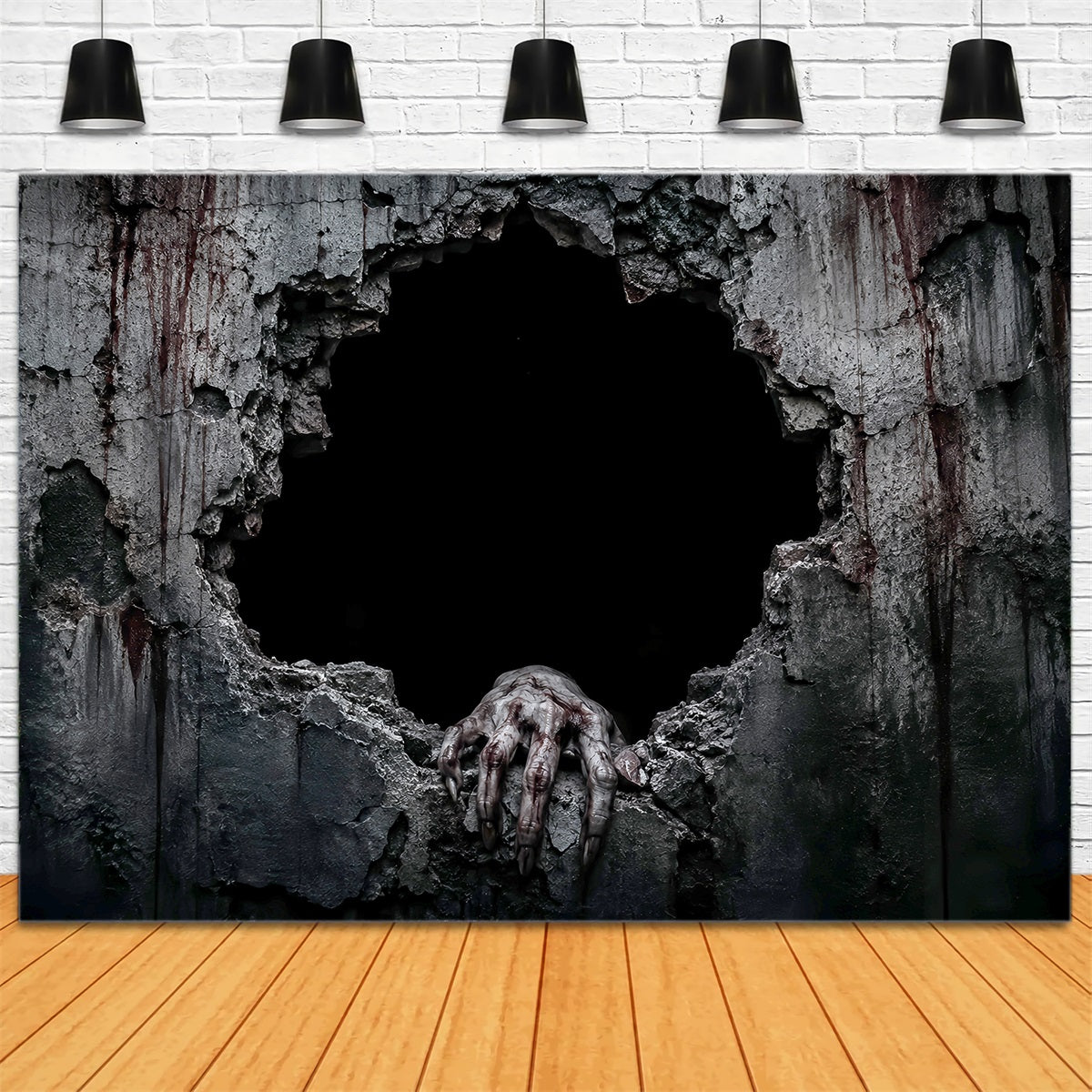 Décor De Fond Sanglant Pour Halloween Mur Brisé Et Effrayant Mains LXX67-58