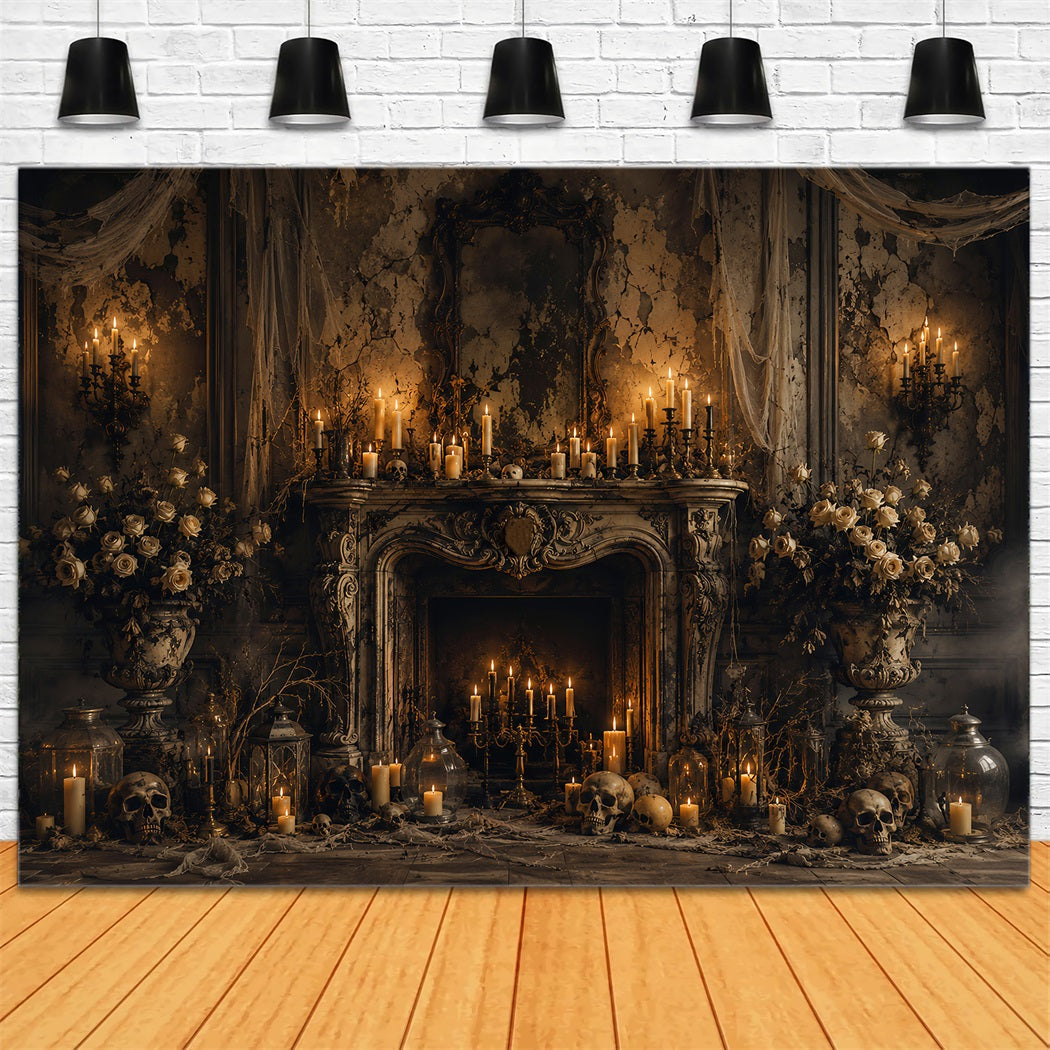 Toile De Fond En Tissu Pour Halloween Style Gothique Bougie Crâne Et CheminéeIdéale Pour Les Photos LXX67-61