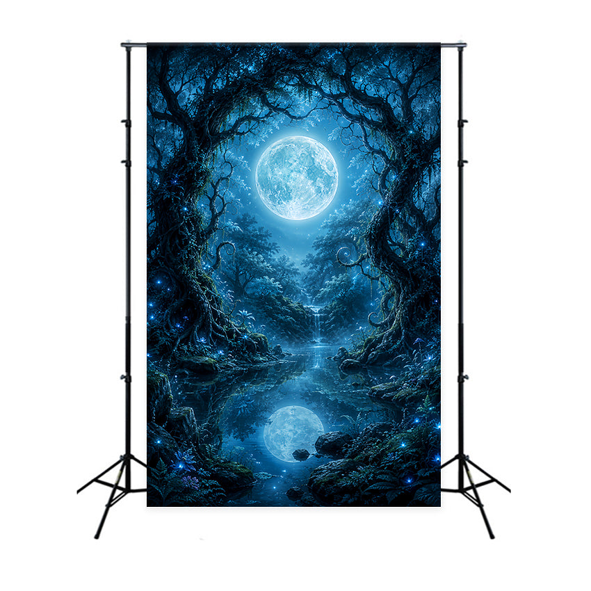 Décor De Lune Pour Halloween Forêt Enchantée Illuminée Au Clair De Lune Lac Toiles De Fond LXX67-65