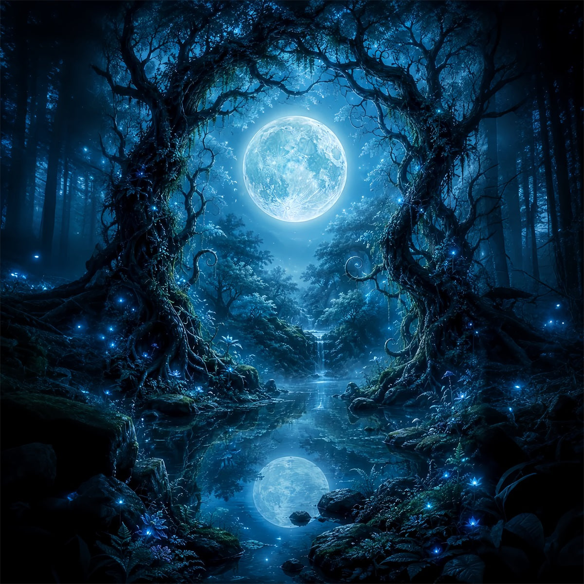 Décor De Lune Pour Halloween Forêt Enchantée Illuminée Au Clair De Lune Lac Toiles De Fond LXX67-65