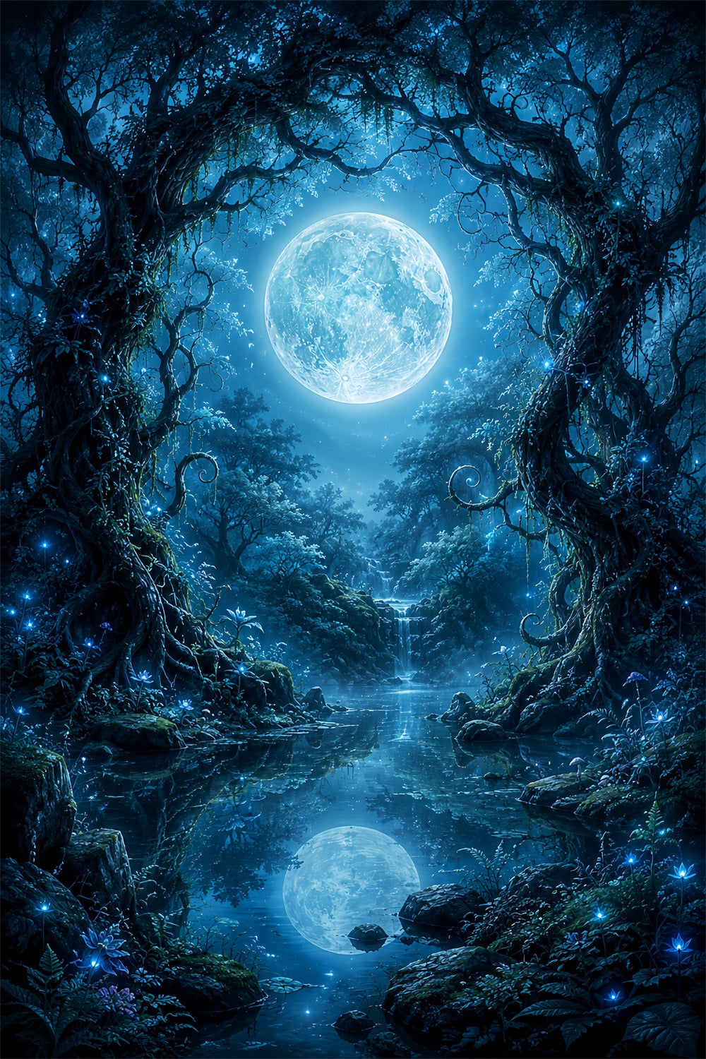 Décor De Lune Pour Halloween Forêt Enchantée Illuminée Au Clair De Lune Lac Toiles De Fond LXX67-65