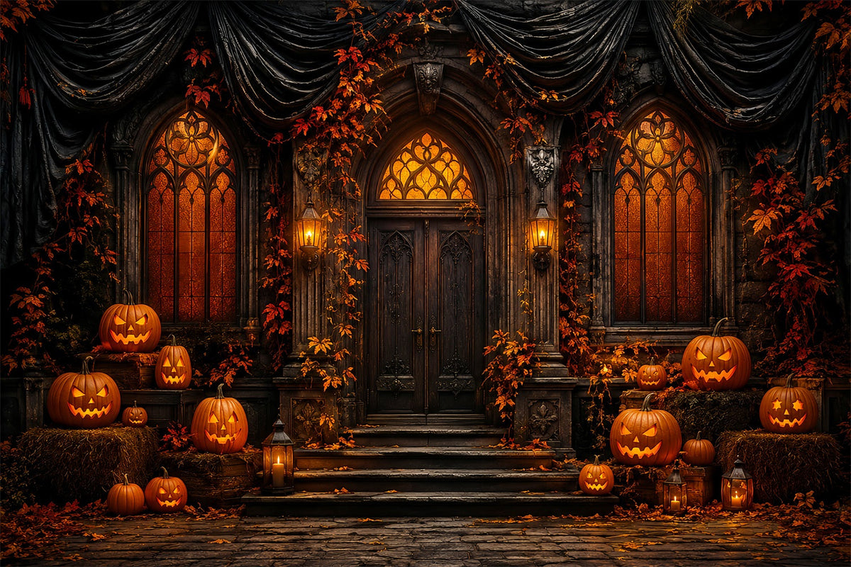 Décor Photo D'Halloween Mignon Citrouille Gothique Porte De Manoir LXX67-70