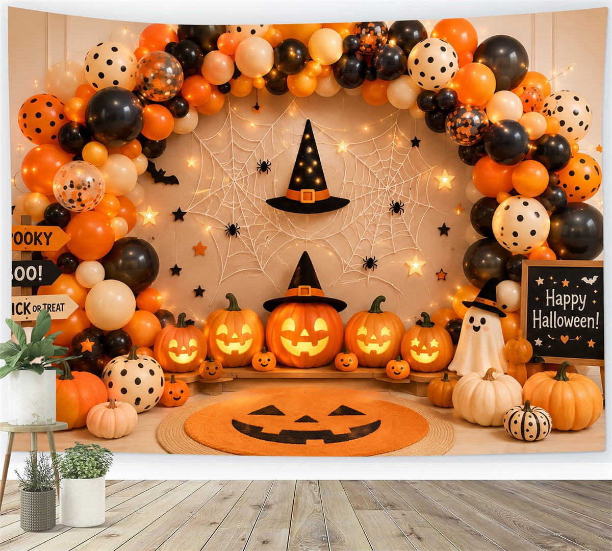 Décor De Fond Pour Photomaton D'Halloween Avec Ballons Et Citrouilles Décoration De Fête LXX67-77