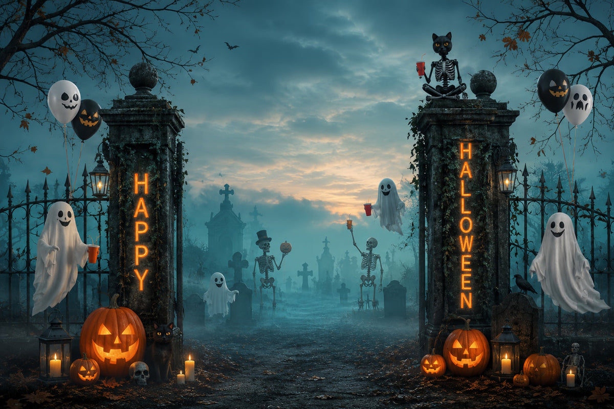 Décor De Cimetière D'Halloween Avec Fantôme Squelette Et Porte De Cimetière Pour Photomaton LXX67-79
