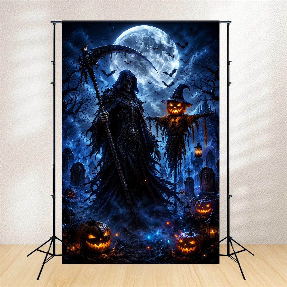 Décor De Cimetière Avec Lune D'HalloweenFaucheuse Et Épouvantail LXX67-8